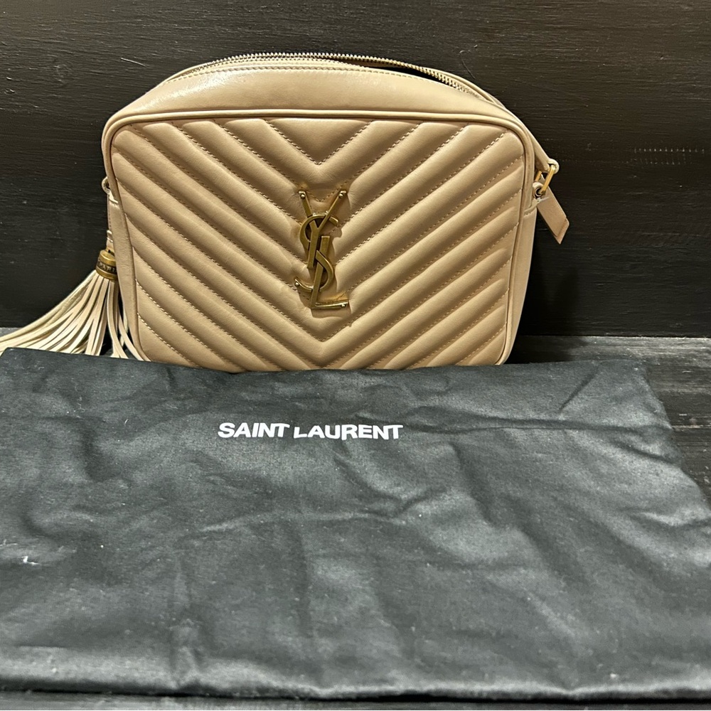 SAINT LAURENT Medium YSL camera bag in quilted leather, dark beige